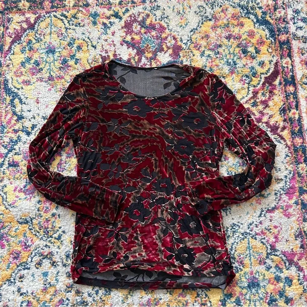 90s Whimsigoth goth romatic velvet floral textured long sleeves top - Picture 1 of 4